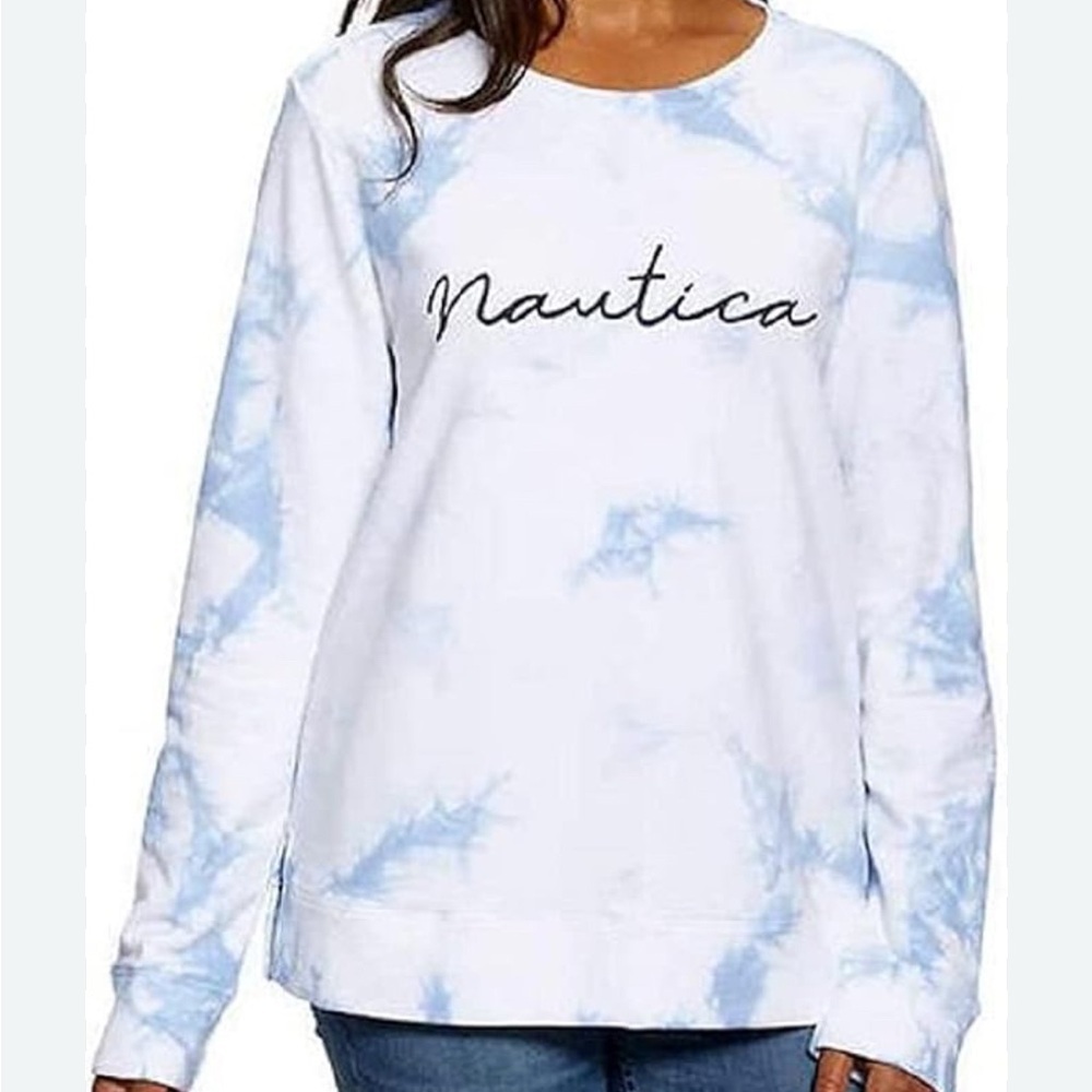 Nautica Thin Sweatshirt Womens XL Blue Tie Dye Embroidered Crew Neck Long Sleeve